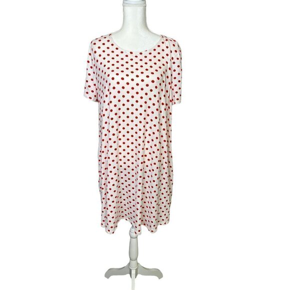 Women's Doublju 2X Plus Red and White Polka Dot Short Sleeve Shirt Extra Long - Picture 1 of 5